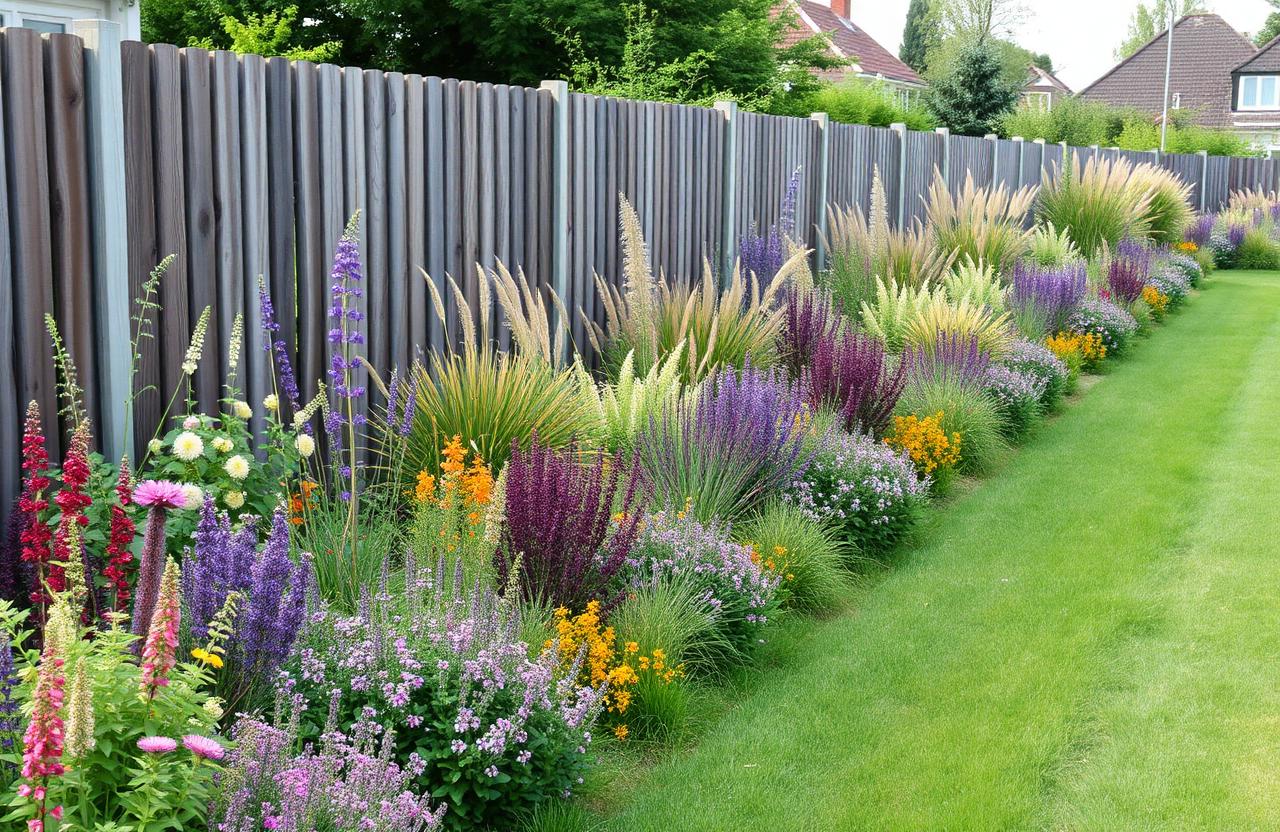 Border van zes meter langs een schutting met herhaalde groepen vaste planten en siergrassen