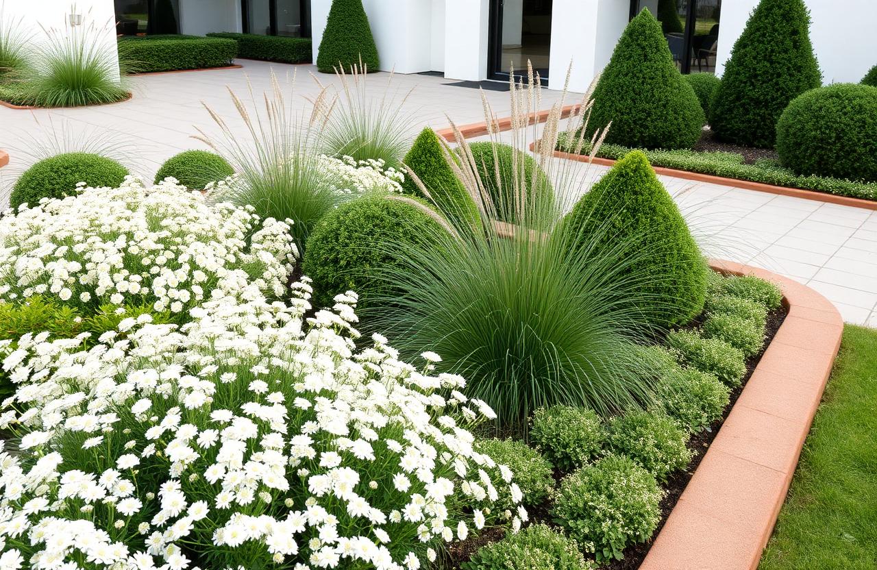 Moderne border met witte vaste planten, siergrassen en gevormde groenblijvende structuur
